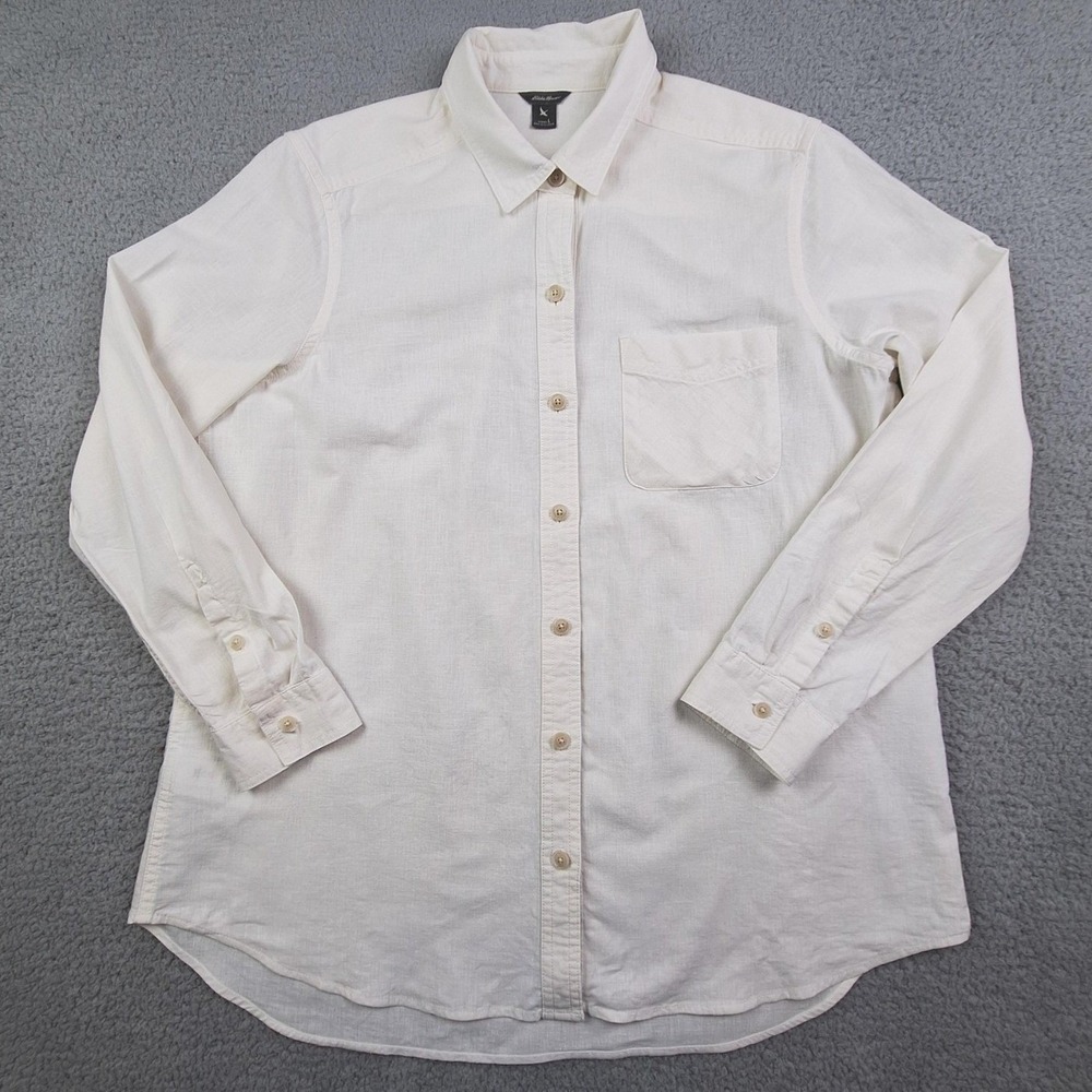 Eddie Bauer Shirt Womens‎ Large Off White Linen Blend Button Up Long Sleeve 0316